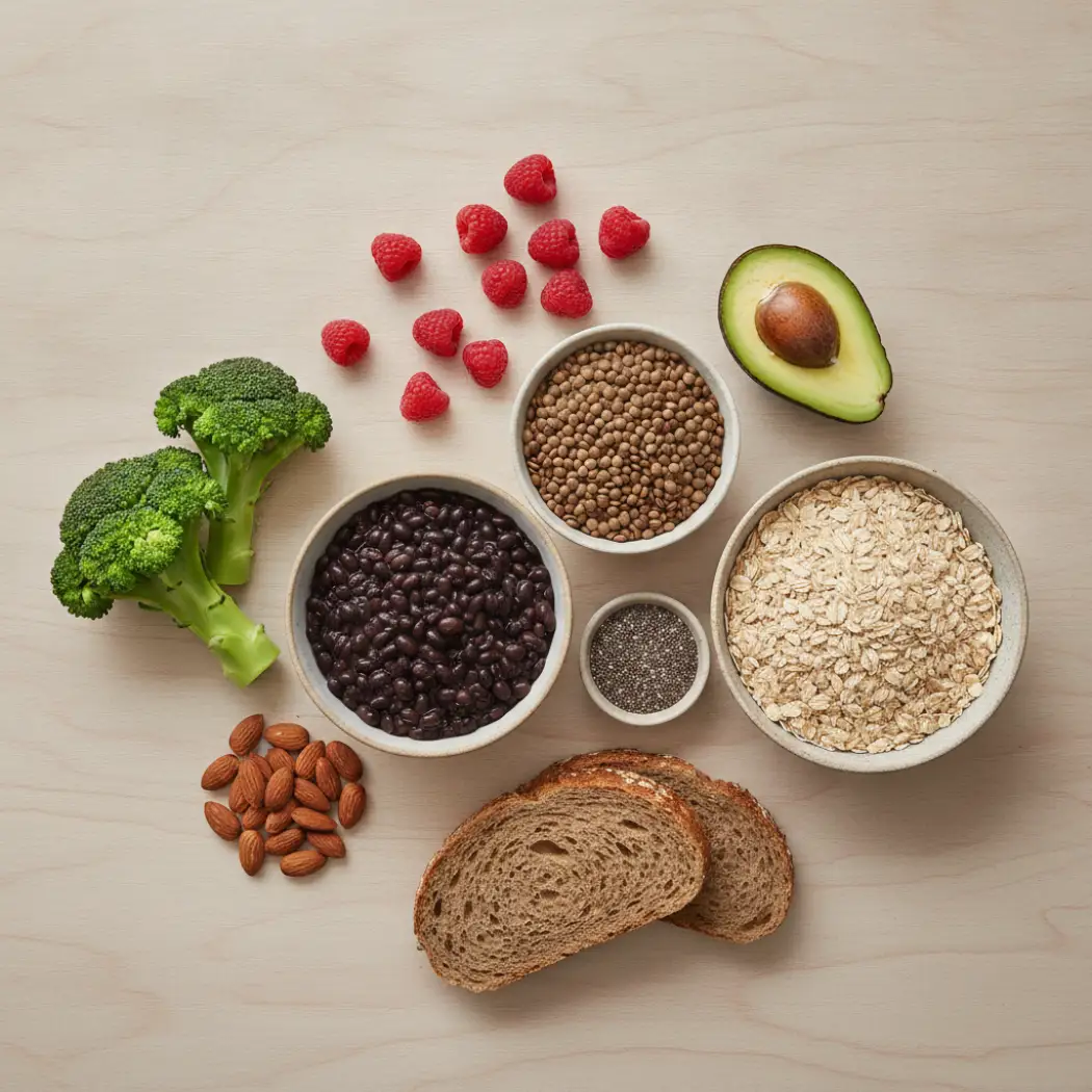 High-fiber whole foods including black beans, lentils, chia seeds, oats, raspberries, avocado, broccoli and whole-grain bread