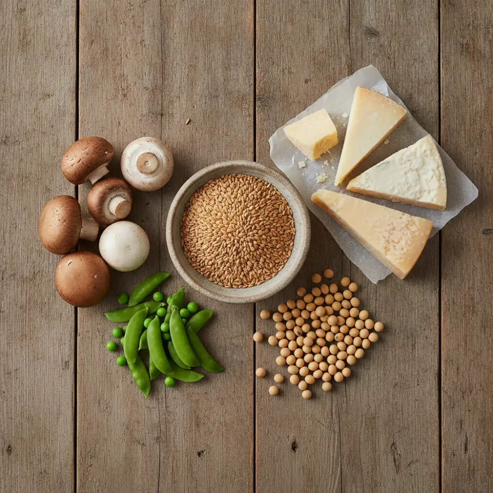 Natural dietary sources of spermidine including wheat germ, aged cheese, soybeans, mushrooms and green peas on a wooden table