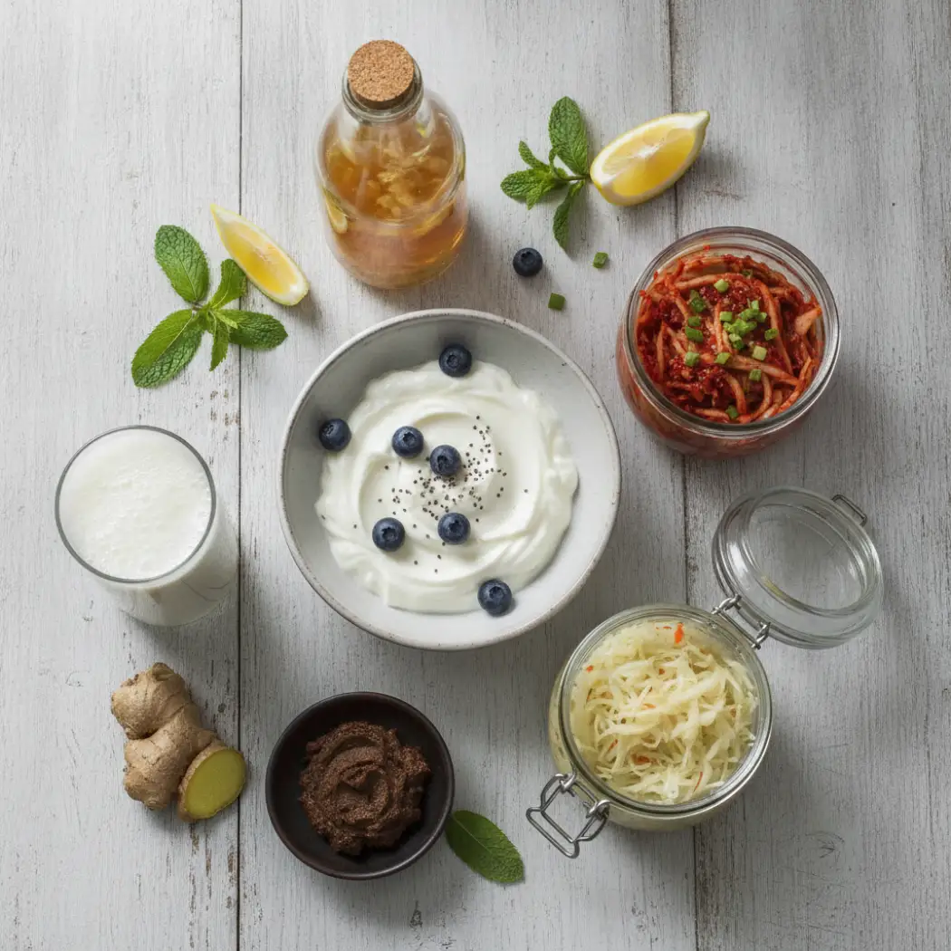 Natural probiotic and fermented foods including yogurt, kimchi, sauerkraut, kefir, miso and kombucha on a light surface