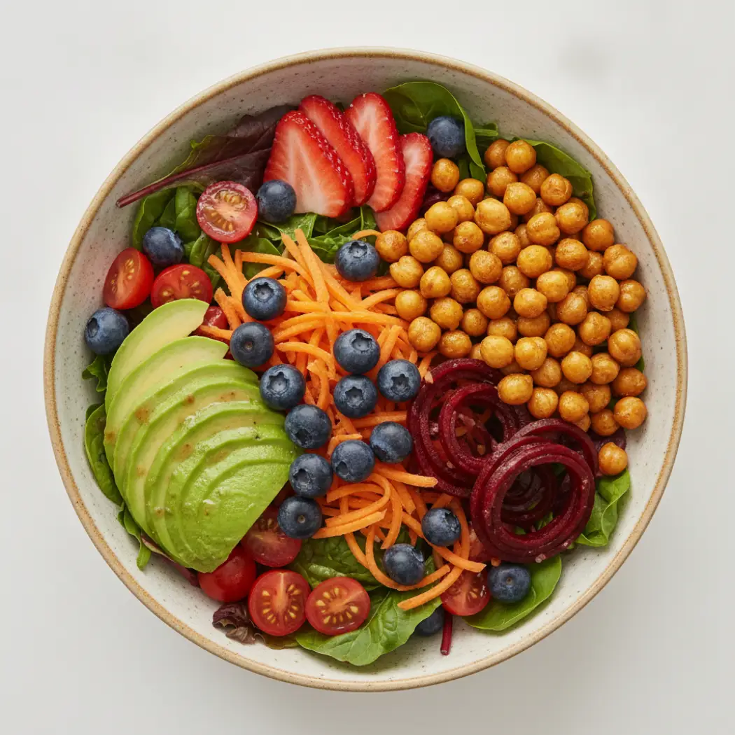 A colorful bowl of real whole fruits and vegetables including spinach, carrot, beetroot, blueberries, strawberries, tomato and chickpeas