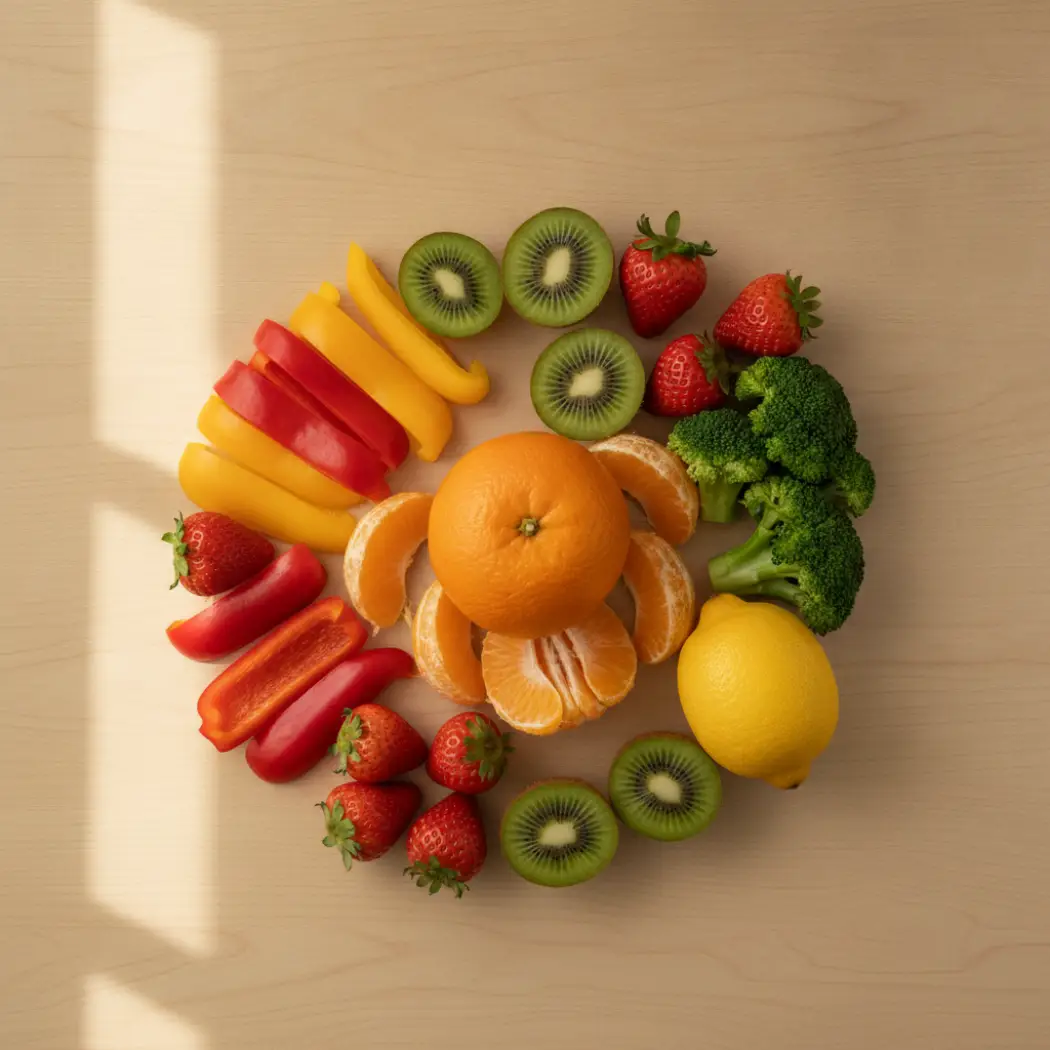 Vitamin C rich whole foods including oranges, kiwi, bell peppers, strawberries, broccoli and lemon