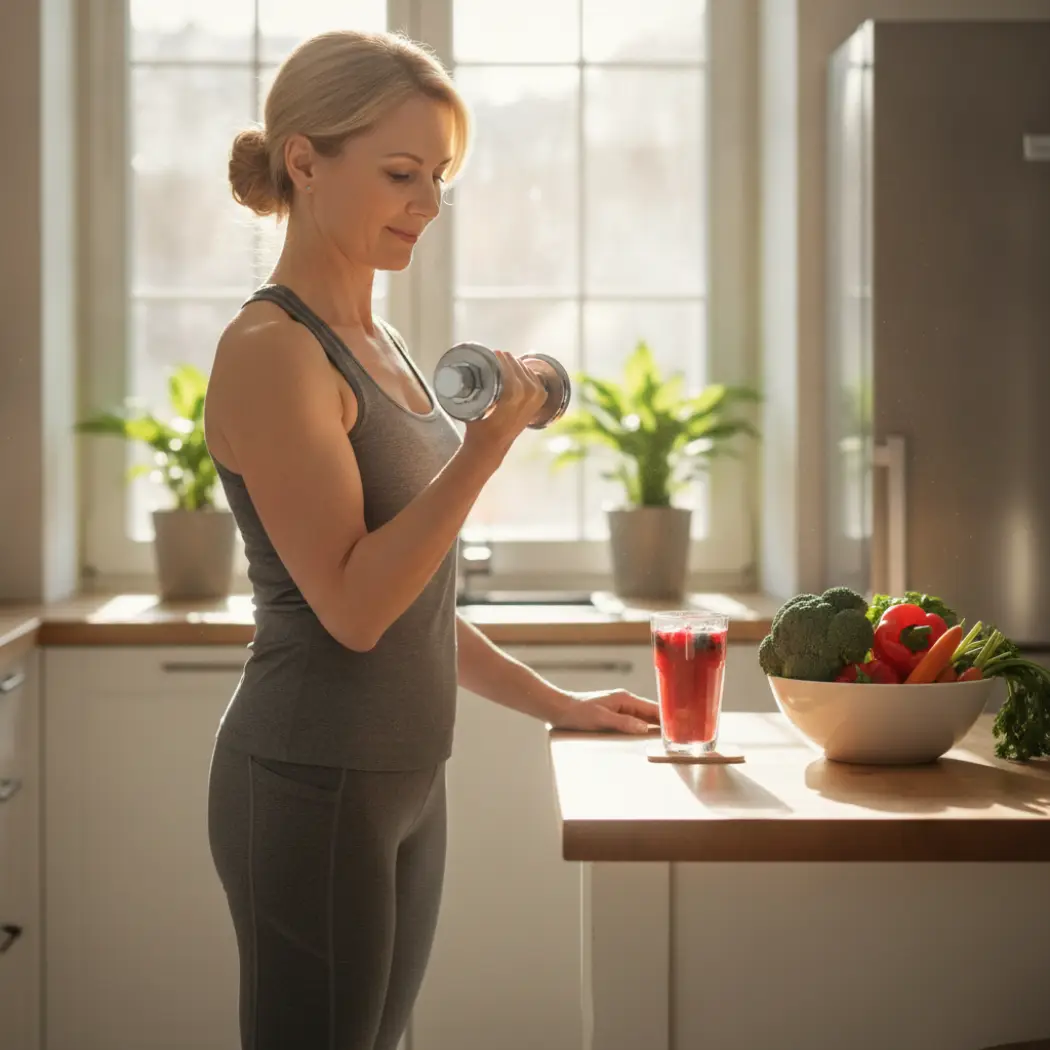 Woman doing light resistance training at home with a berry drink and vegetables nearby, illustrating muscle preservation on a GLP-1 medication