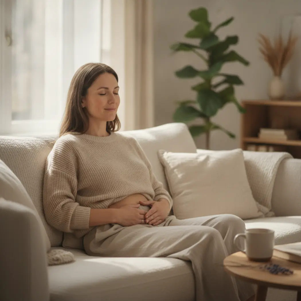 A relaxed woman resting comfortably with hands on her stomach, suggesting relief from bloating and digestive discomfort